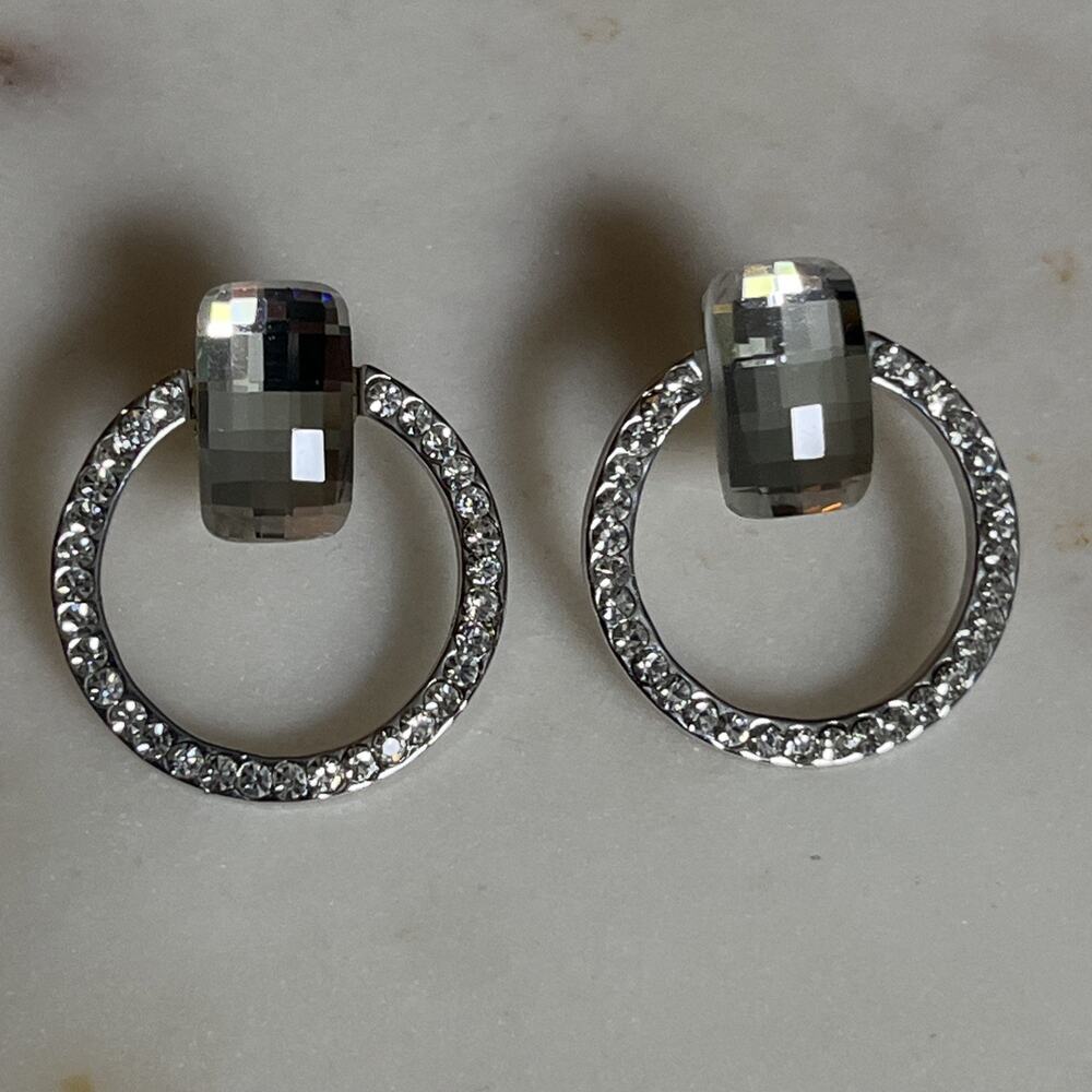 Silver Tone Round Circle Pave Stud Earrings with Rectangle Faceted Stone